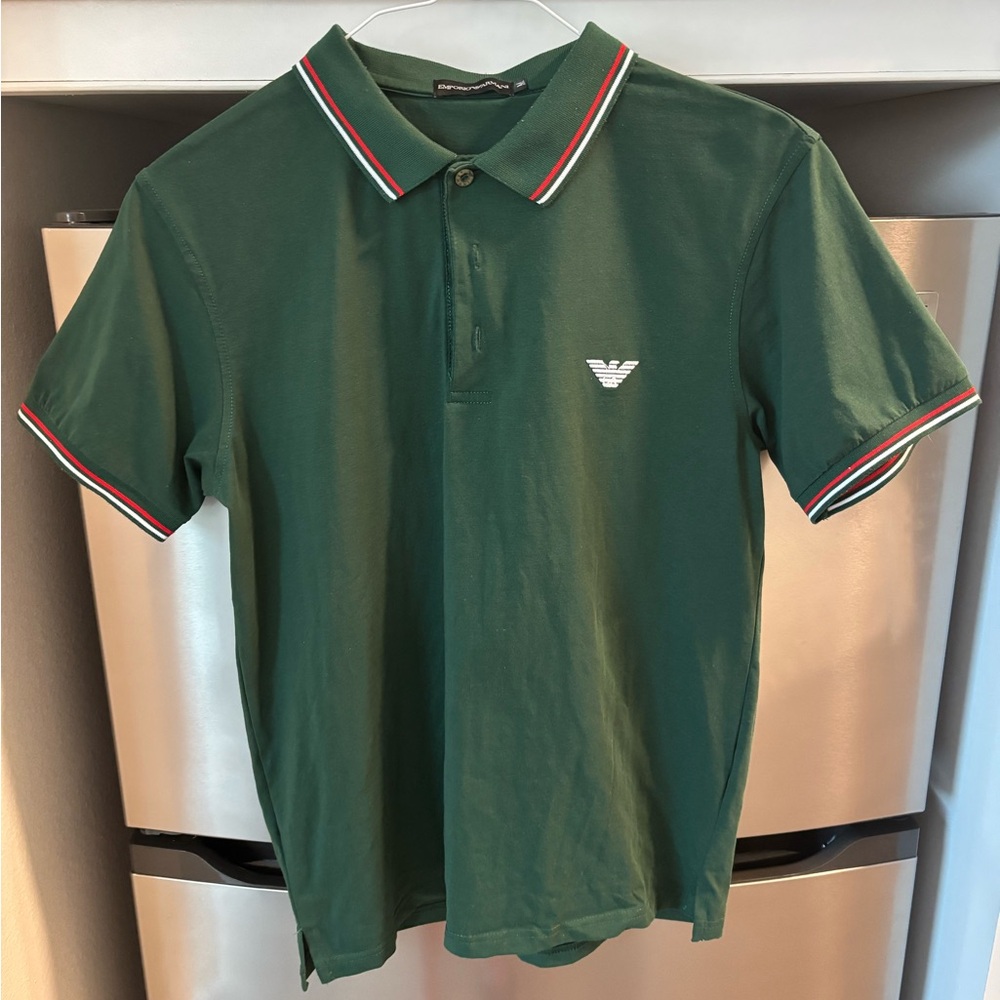 Emporio Armani Men’s Dark Green Polo – Striped Collar & Sleeves (M)